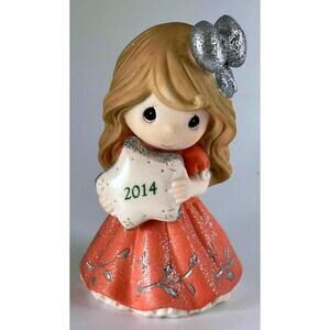 Precious Moments Girl In Fancy coral colored Gown & Sparkly Glittery Silver Bow